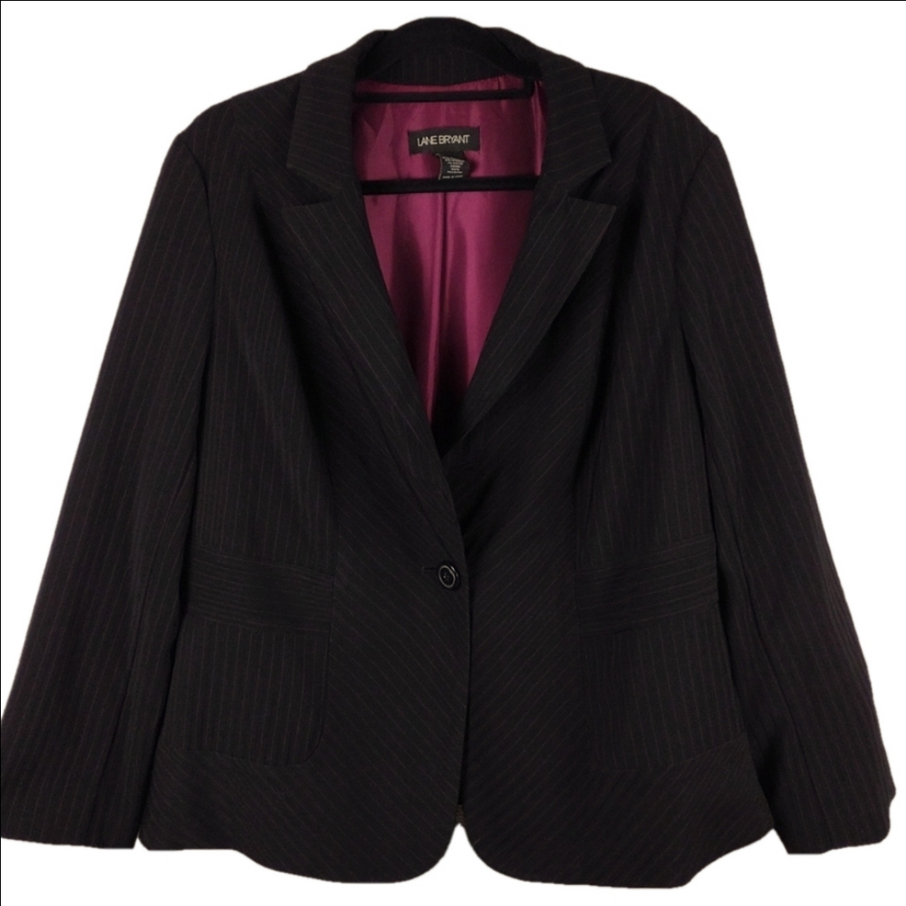 Lane Bryant Black Pink Pin Striped One Notched Collar Long Sleeve Button Blazer